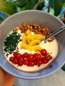 Müsli-Bowl mit mildem Joghurt, Milch, Johannesbeeren, gelben Kiwi und feinem Spirulina-Granulat